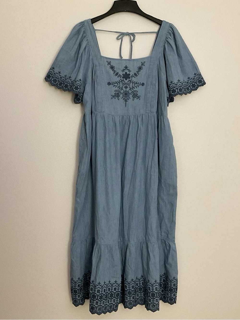 Old Navy Blue Embroidered Square-Neck Midi Dress